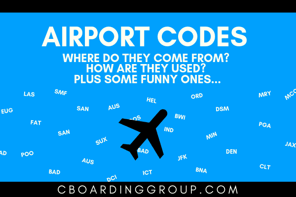 Shows lots of airport codes plus airplane and text saying: 3 Letter Airport Codes - History and more