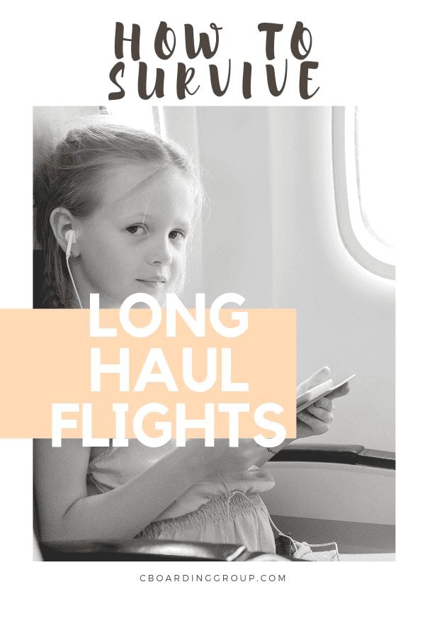 Image of girl on plane and text saying long haul flights - how to survive them