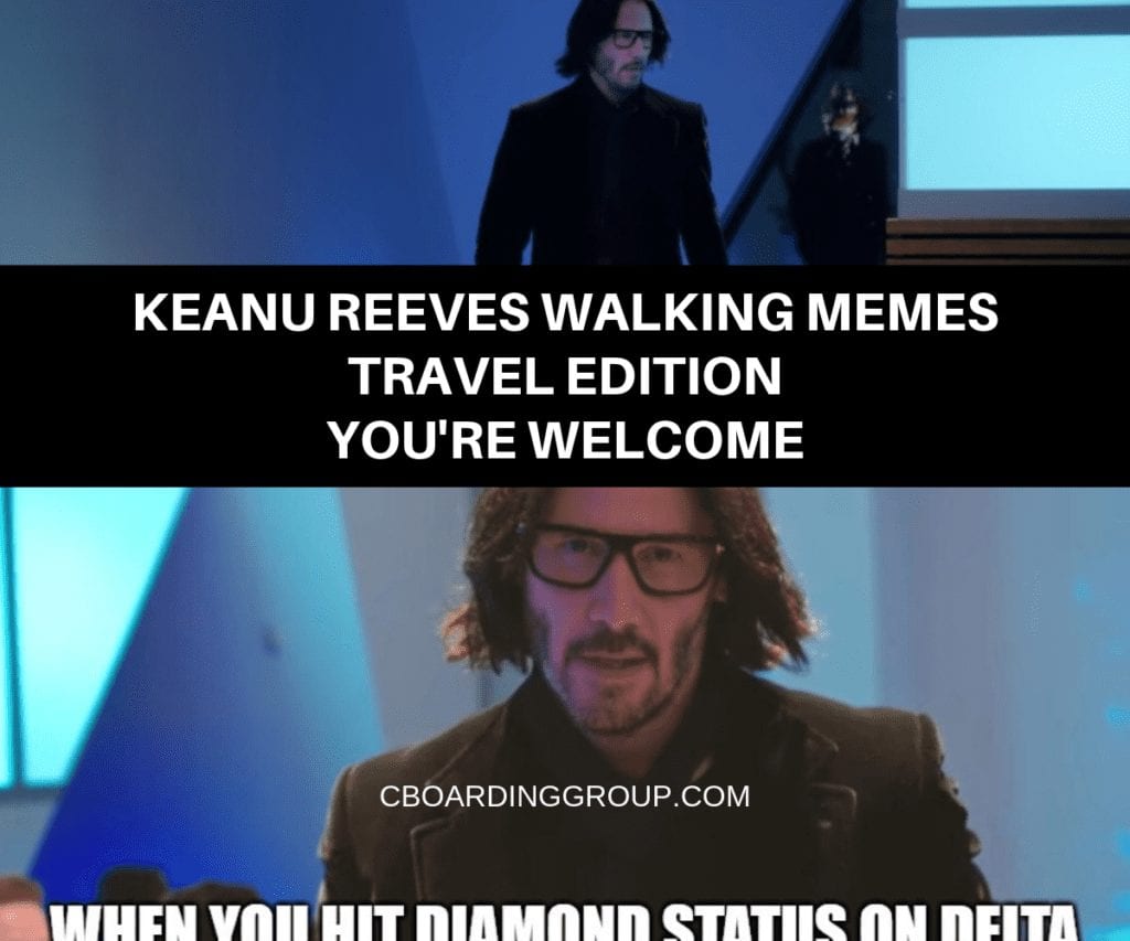 Images of Keanu Reeves Walking with text saying KEANU REEVES WALKING MEMES TRAVEL EDITION