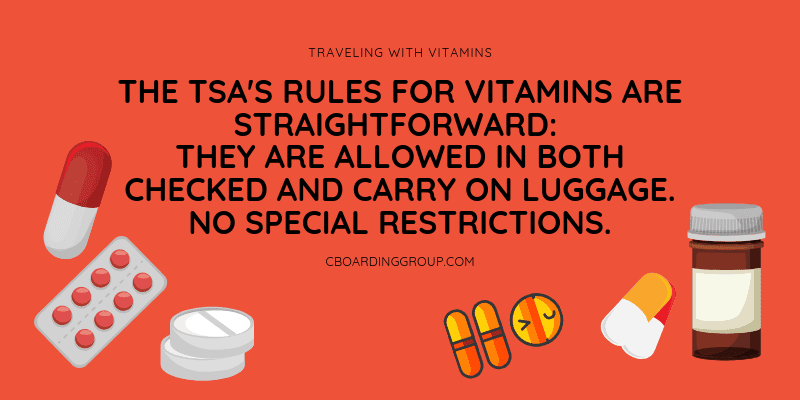 The TSA's Rules for Vitamins are straightforward they are allowed in both checked and carry on luggage. No special restrictions.