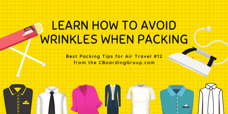 Image of clothes and iron and text saying Learn how to avoid wrinkles when packing - suitcase packing tips for travel