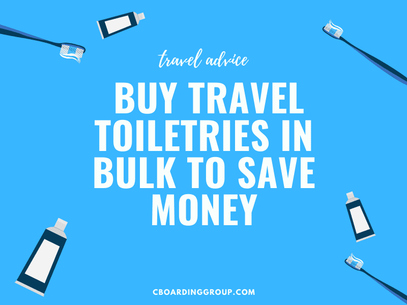Image of Toothpaste and Toothbrushes and text saying Travel Size Toiletries in Bulk - Frequent Travelers should buy bulk travel toiletries
