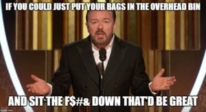 Ricky Gervais memes about sitting down on the plane