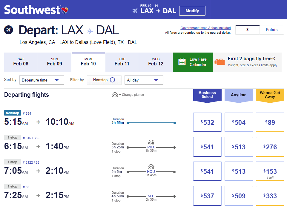 Southwest Business Select Fare Example Pricing LAX to DAL