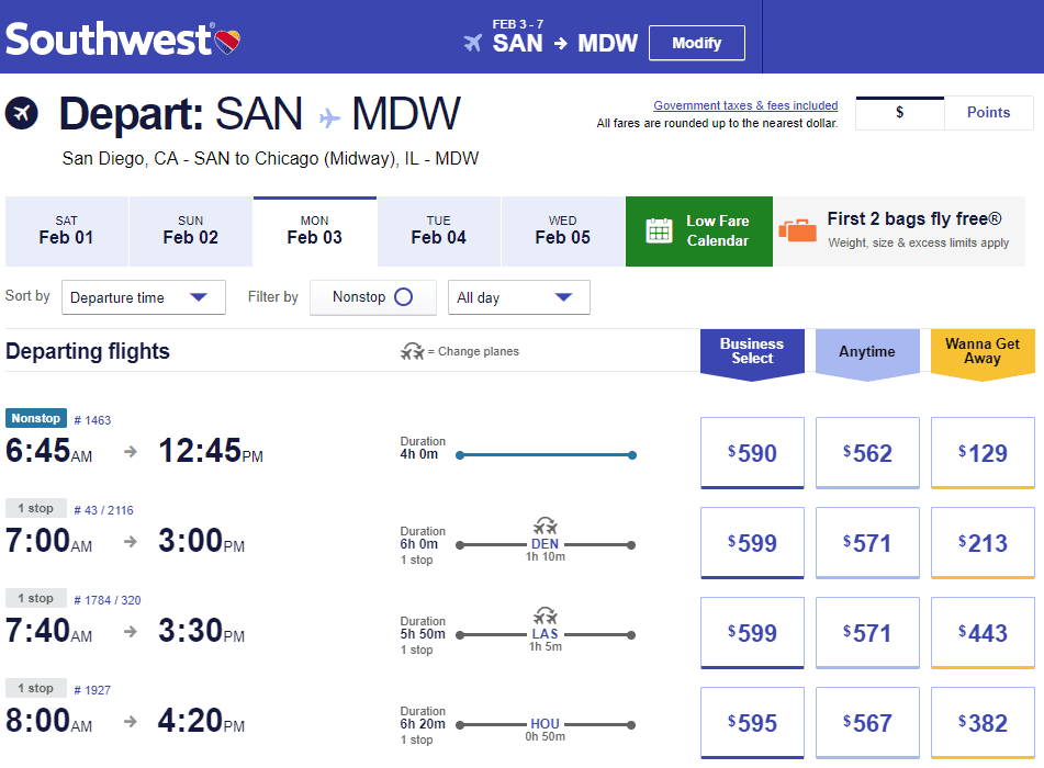 Southwest Business Select Fare Example Pricing