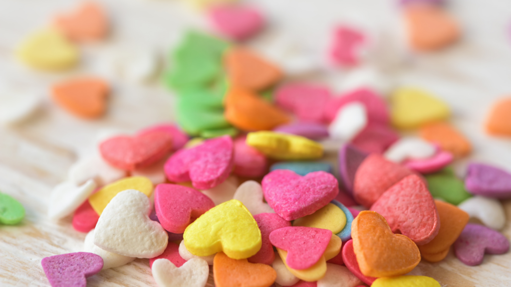 a pile of colorful hearts
